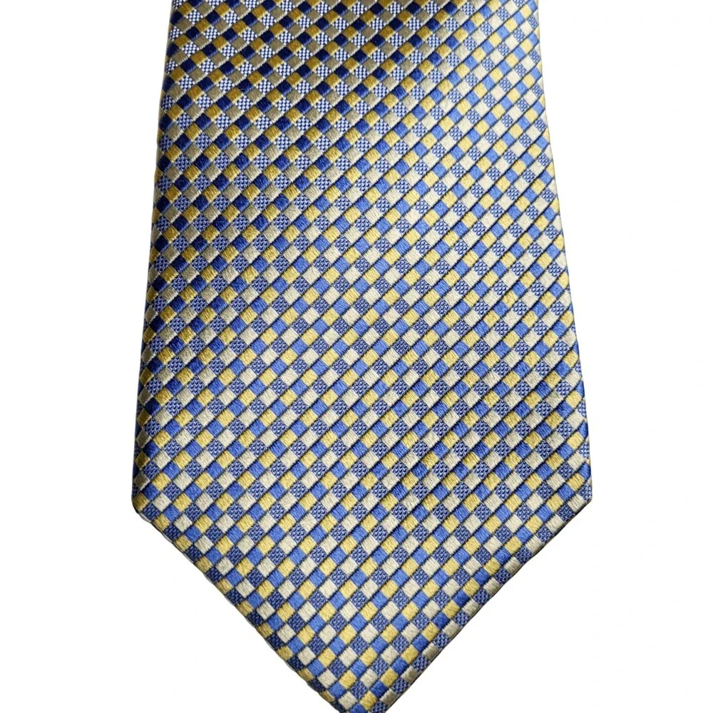 Michael Kors Blue Gold Checkered Silk Necktie Formal Business‎ Accessory